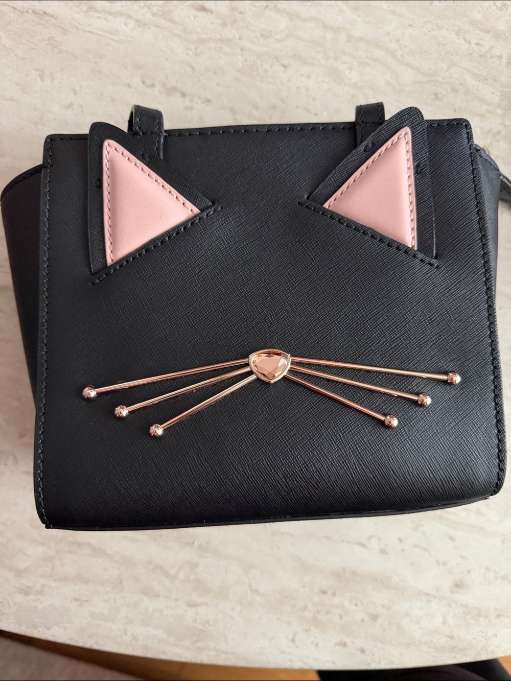 Kate Space Black Crossbody Bag with Pink Ear Accents and Rose Gold Whisker